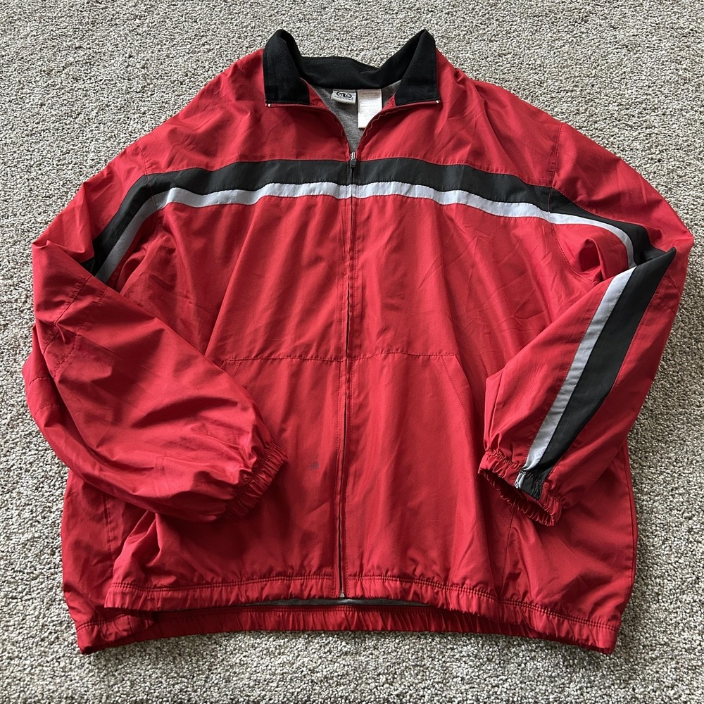 Athletic Works Windbreaker Jacket Mens XL Red Full Zip Striped Lined Athletic